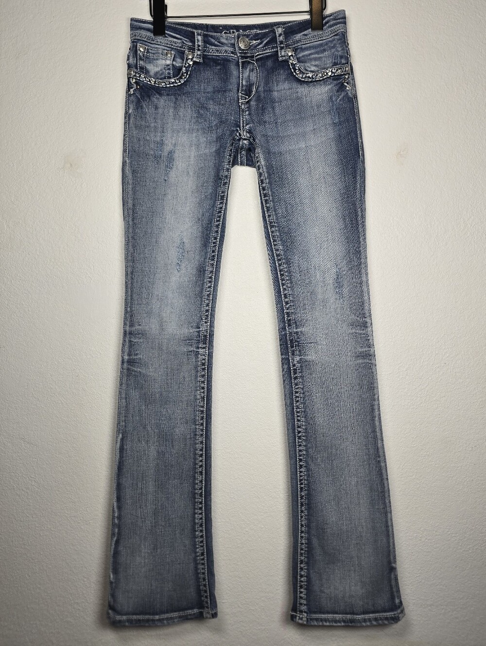 Grace in LA Sequin Bling Bootcut Jeans 26 Low Rise Western Y2K Distressed